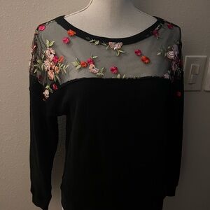 bebe Black Sweater with Floral Embroidery